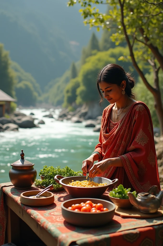 Wife making a dinner for her husbund at the manali river 
