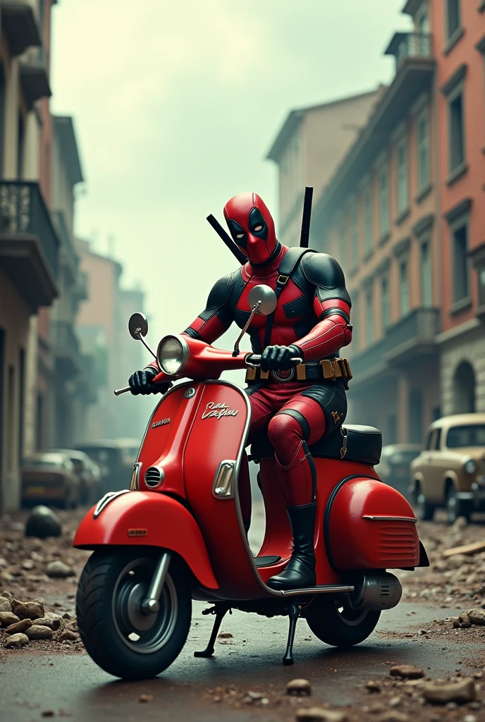 A Deadpool going in vespa bike in front of world war 2