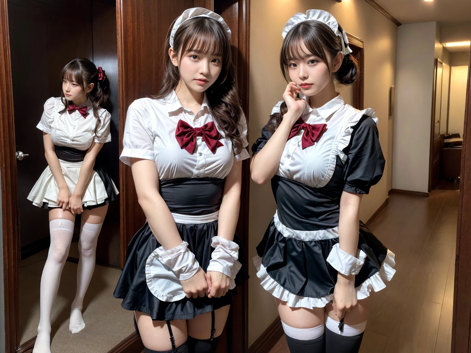 NSFW, (1 girl, solo, loli, 12:1.3),
(indoor, bedroom: 1.2),
(beautiful brown details: 1.5),
(very long wavy hair: 1.3),
(beautiful purple eyes: 1.3), glowing eyes, (expression sticking out tongue, blushing),
(Beautiful transparent maid uniform, white transparent maid headdress, white transparent maid apron: 1.6),
(sleeveless: 1.1),
(skirt lifted, lifted yourself, show off panties: 1.8),
(Beautiful detailed transparent enamel bra and panties: 1.5),
(thin transparent panties under pantyhose: 1.4),
(ground shot, shot from below: 1.3),
(standing, closed legs: 1.5),
(mischievous face, perfect figure, room, parted lips: 1.4),
(Masterpiece, high quality, super detailed: 1.2),
(background blur: 1.2),
Natural lighting, perfect lighting,
(realistic, 3D face: 1.3),
(Beautiful kawaii face: 1.3),
(beautiful fair skin: 1.2),
(glasses: 0.8),
(multiple views: 1.2),
