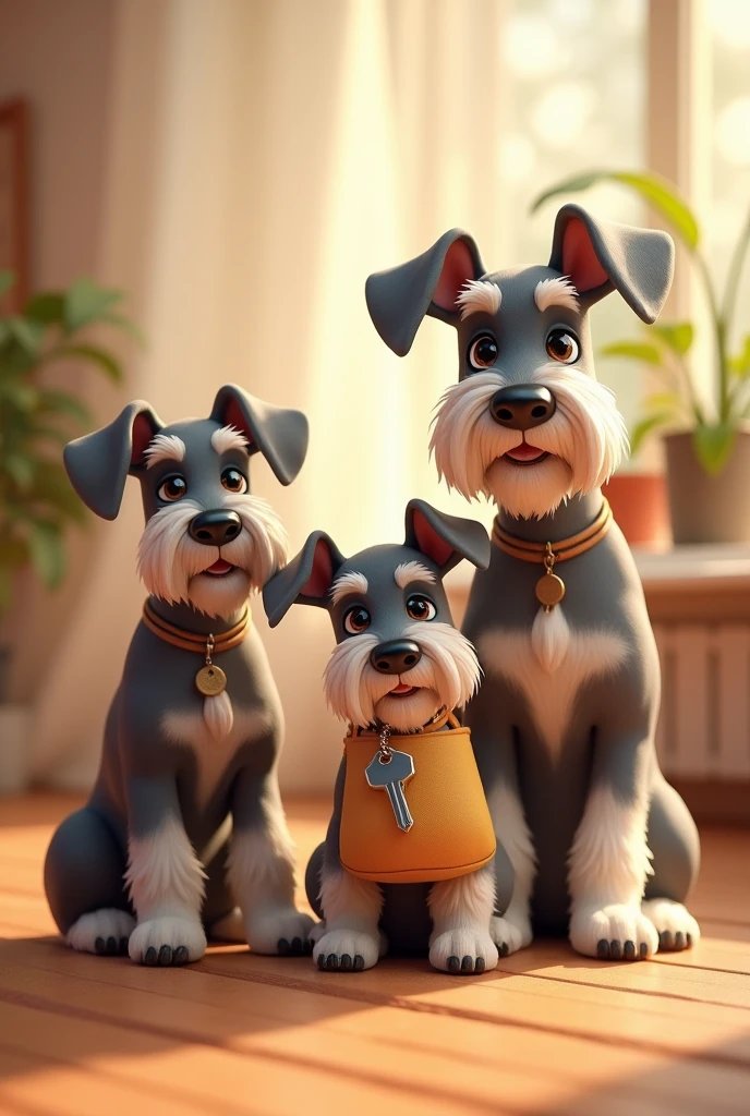 I need an image with 3 schnauzer dogs for the marketing advertising of a property rental business, the image must be tender, have the 3 complete animals,
with warm colors and I will describe each animal with its characteristics 1.-Schnauzer on the left of the picture, It should be of medium size with erect ears 2.-Schnauzer in the center of the image, It must be the smallest one, with semi-drooping ears and must carry the keys to an apartment in his bag 3.-Schnauzer on the right of the image, must be the tallest of the 3 animals, and must have its ears half-drooped, Additionally, it is lighter in color than the others., not too much, just a little