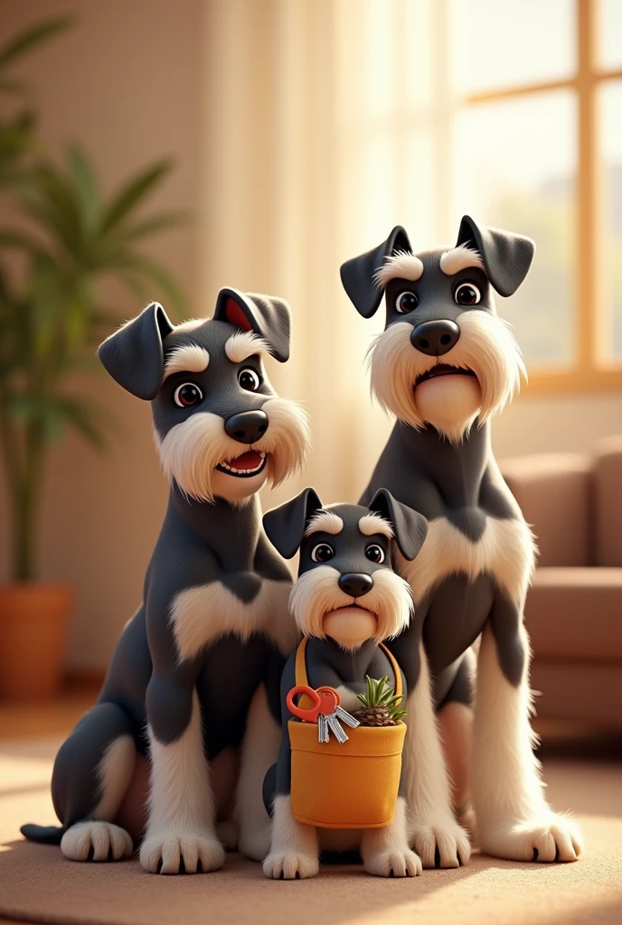 I need an image with chnauzer dogs for the marketing advertising of a property rental business, the image must be tender, have the 3 complete animals,
with warm colors and I will describe each animal with its characteristics 1.-Schnauzer on the left of the picture, It should be of medium size with erect ears 2.-Schnauzer in the center of the image, It must be the smallest one, with semi-drooping ears and must carry the keys to an apartment in his bag 3.-Schnauzer on the right of the image, must be the tallest of the 3 animals, and must have its ears half-drooped, Additionally, it is lighter in color than the others., not too much, just a little