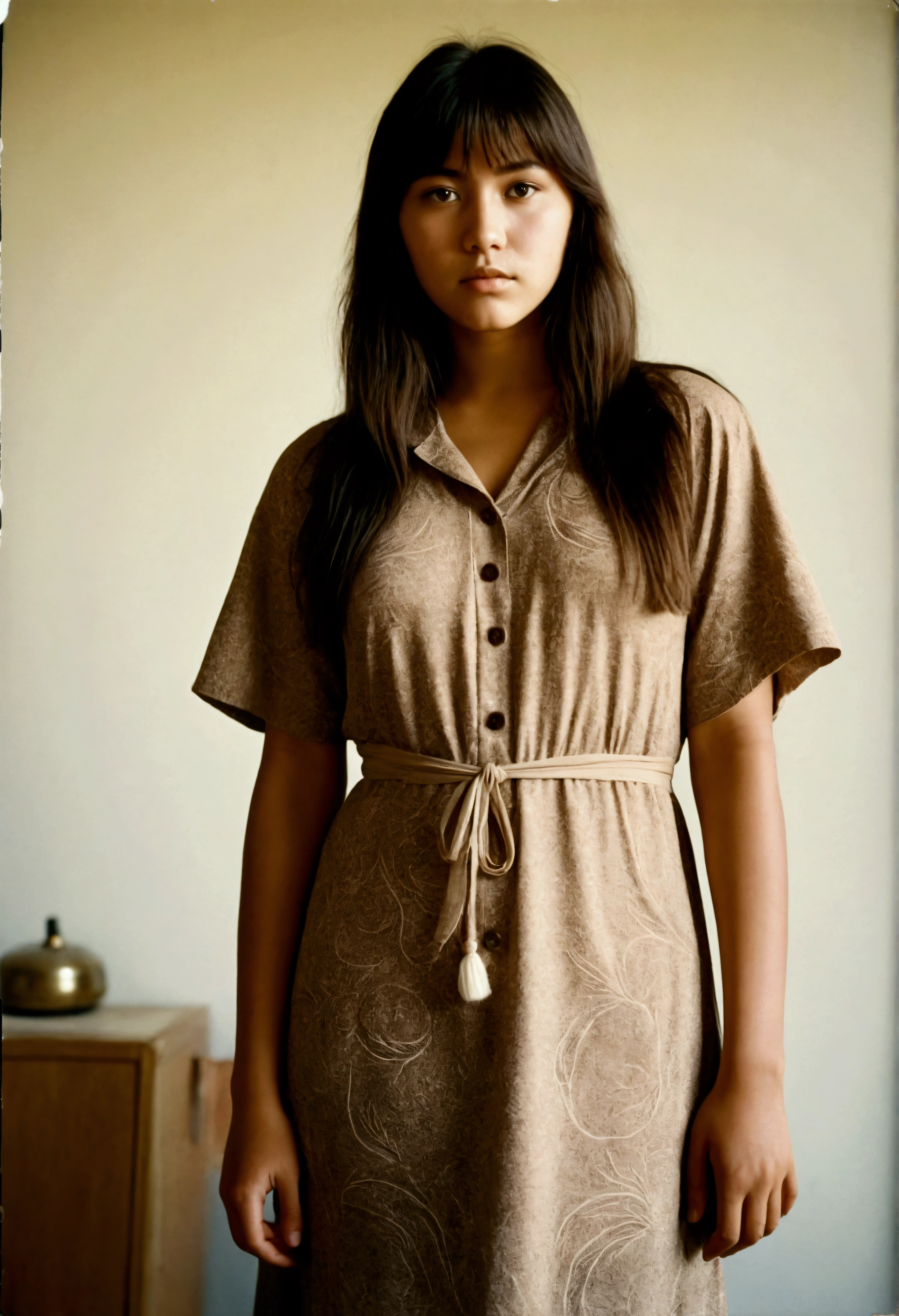 analog film photograph, Photo of a modern Sioux woman, 18-years-old, long, amazonian stature, athletic hourglass figure, busty breasts, narrow waist, full wide hips, big round buttocks, wearing loose tunic dress, tan complexion, amber eyes, dark hair, thick shaggy bangs, posing on a pedestal, RAW Photograph, dslr, soft lighting, high quality, film grain, Fujifilm XT3, detailed skin with visible pores, insane details, masterpiece, 8k, 35mm photograph, dslr, kodachrome, faded film, desaturated, grainy, vintage, Lomography, stained, highly detailed, found footage