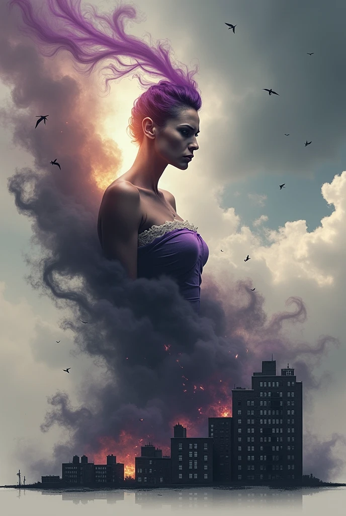 ((Purple fog and smoke shroud:1.7)), (Mysterious fog:1.5), Severe storm visualization: Storm clouds in the shape of a woman,　、Angry expression、 Covered by the shadows and nuances of turbulent clouds. From her mouth, A strong wind is blowing, Figuratively speaking. These powerful wind gusts are causing great damage in urban areas., Turning buildings into dust. The storm has scattered debris, Depicting the power of nature. 