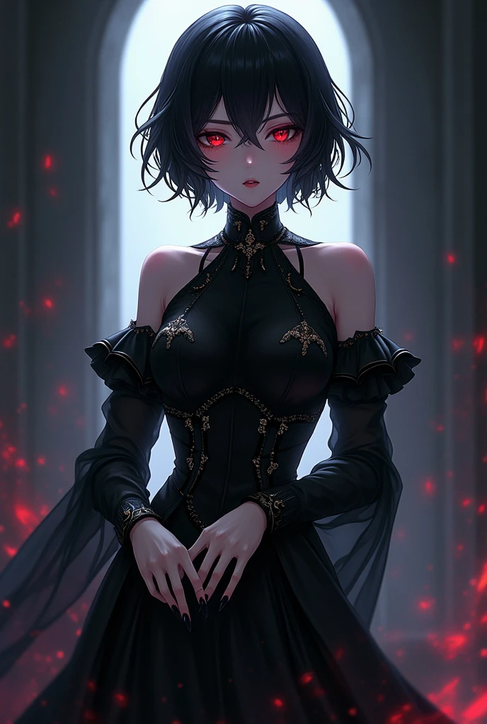 Female anime character short black hair red eyes black nails pale skin beautiful and with the power to manipulate shadows villain Heroine costume