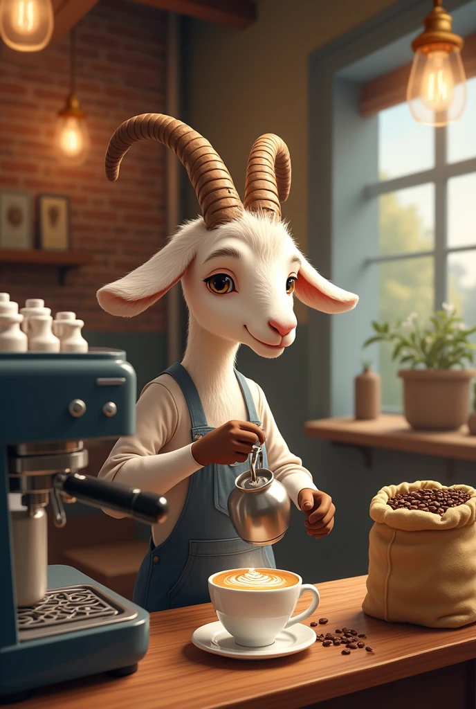 A goat serve the coffee to customer and put on the head coffee maker and side beans 
