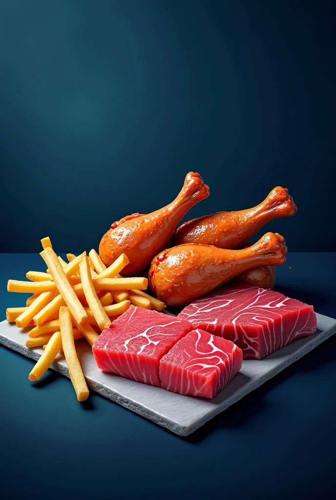 Avertissement picture for raw  chicken wings,chicken legs,  raw Meat, raw fish, sauvages, French frites in blues background