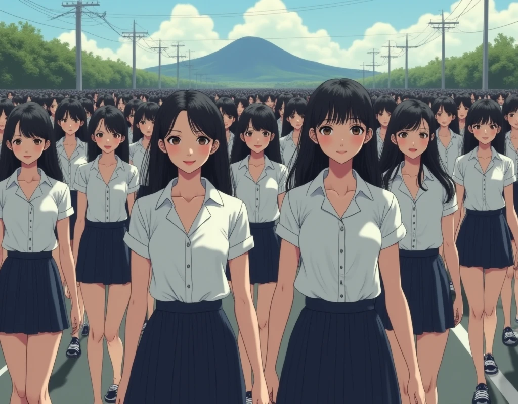 (((((Japanese Clone-girls=Myself))))), (((Super Best masterpiece Clone-girls Raw Photography Art))), (((16K, Highest quality, Ultra-high resolution, RAW Photos))), (((It's so unrealistic., With unparalleled depiction, With an unfathomable sight, An unprecedented and shocking worldview, Clone-girls: In a world of mass reproduction, Ultra-realistic))), (((Japanese Girls, Saito-Asuka, 26yo, Small face, Thick black hair, Semi-long hair, Dark Eyes, Mature face, Cute Smile, Smiling face, A gentle gaze, (((Very happy laughter)))))), (((Very beautiful detailed girls, Accurate body structure, Accurate body movements, Very detailed body, (((Super big breasts, Large bulge of ample breasts)))))), (((Summer office casual wear, White short-sleeved shirt, I can see the cleavage, Emphasise the fullness of your breasts, Dark blue mini skirt))), ((((((((Very detailed, Myself cloning, Depiction of splitting oneself, 1Myself girl→1,000,000,000,000,000,000,000,000,000,000Myself cloning girls)))))))), (((((((Myself clone-girlsから, Myself keeps multiplying, (Very detailed and intricate, To the exact, Flawless, (((In the same female body,With the same face, With the same hairstyle, In the same clothes, At the same height, 同じSuper big breastsである))), In a detailed depiction), 1,000,000,000,000,000,000,000,000,000,000 people))))))), (((((Myself girls only))))), (((((1,000,000,000,000,000,000,000,000,000,000Myself girls))))), (((Very detailed, Extremely crowded, Body-to-body contact with no gaps))), (Bright and soft lighting), (((((Clear and accurate perspective depiction, super wide view, Ultra-wide field of view, Focus on the average value of the image))))), (((((Very detailed depiction, Multiple or more Myselves, Physical contact, Pleasant conversation, Holding hands, Hug, walk))))), In a place where you can see a big hill in the suburbs, Myself clone-girls' clone proliferation continues々And so it continues, filling the horizon