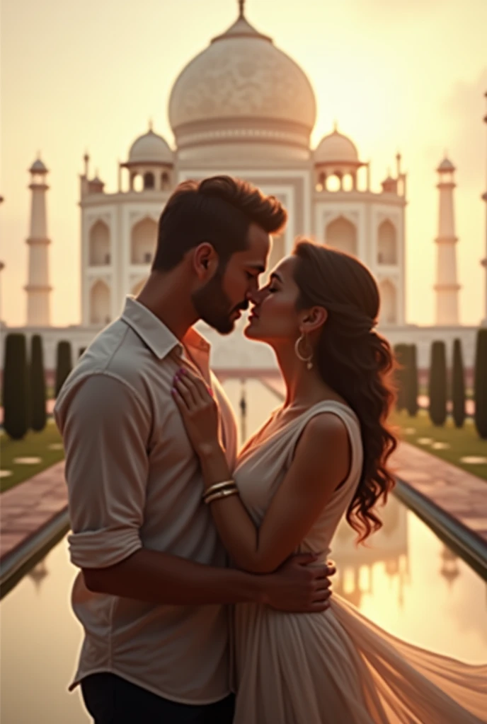 A man in tajmahar with a girl kissing lips zooming
