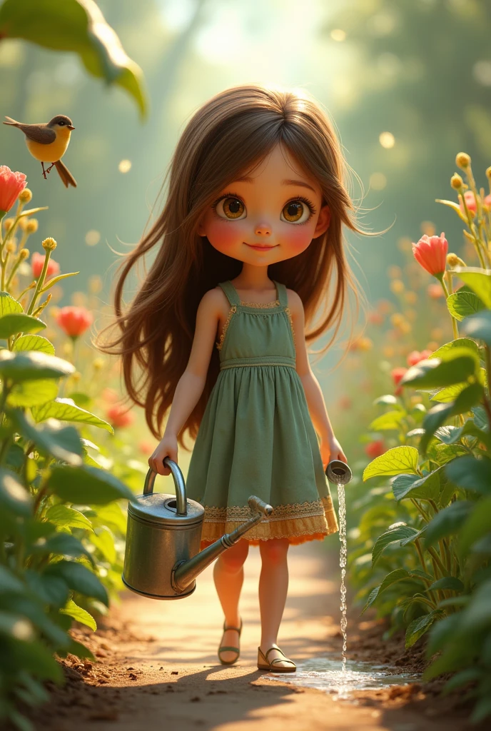 With a vintage metal watering can in hand, the character walks along the garden path, stopping at each plant to give it a generous drink. The water glistens as it cascades over the leaves, and the character smiles, enjoying the peaceful rhythm of the task. Birds chirp in the background, adding to the serene atmosphere. The character has long, straight, messy, browns hair, bright yellow eyes, snow-white skin, a perfect and delicate face, she is very beautiful and is 2, make the image in the Pixar style Disney, in 9:16 format.