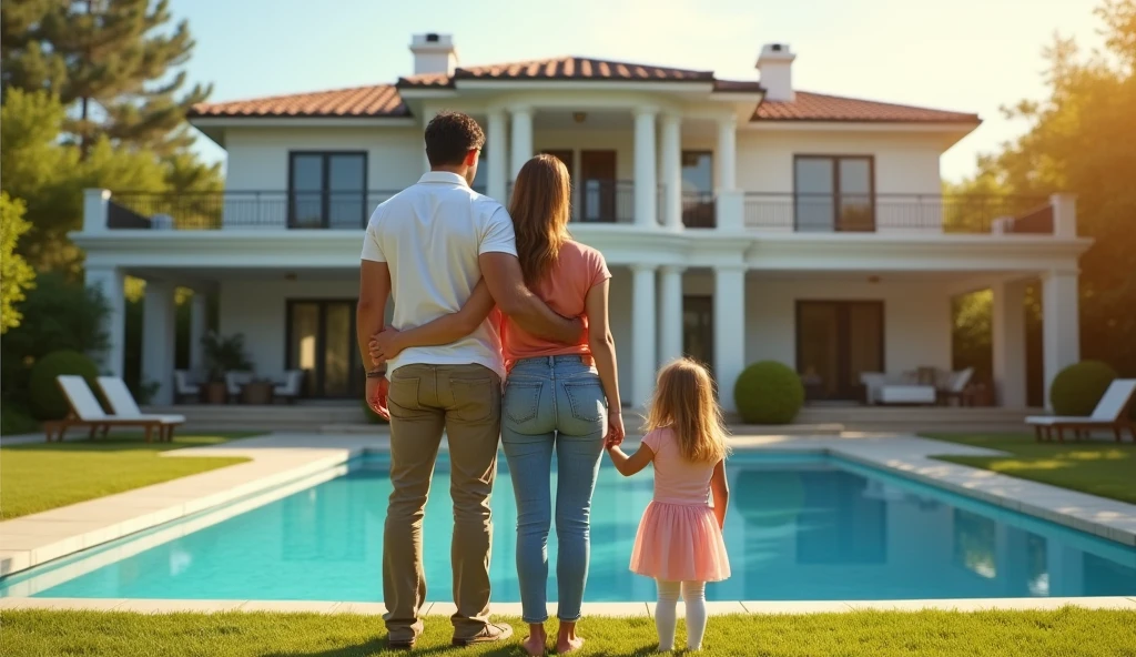 A married couple with 2 girls aged 11 and 1 year stand facing the house next to a luxurious two-story house with a swimming pool in sunny weather, full body