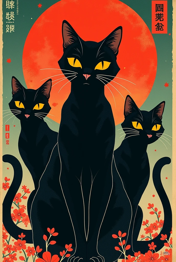 Retro Japanese black cats poster
