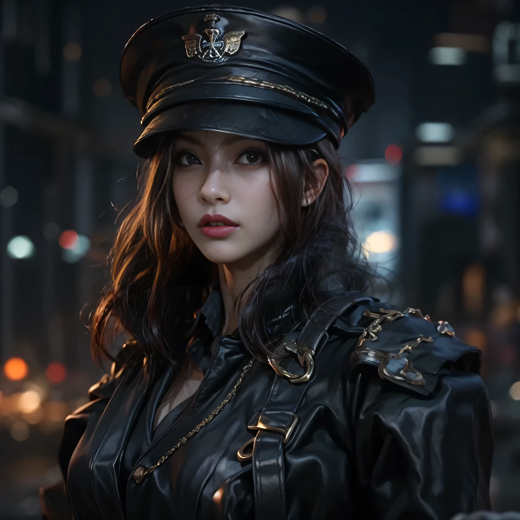 ((best quality)), ((Masterpiece)), (details:1.4), 3d, Image of a beautiful cyberpunk woman., HDR (high dynamic range), mature woman, เหมือนจริง Curtain Bangs, Red hair, Red eyes, future police, PBR surface, After processing, Anisotropic filtration,depth of field, Maximum clarity and clarity, multi-layered surface, perfect proportions, 8K raw files, cyberpunk, at night, ผมหลายชั้น,  กระโปรงสั้น, natural lighting, soft lighting, sunlight, หน้าอกใหญ่, a woman wearing a black gothic style military uniform, black military hat with gold details, iron cross symbol on the military hat, 