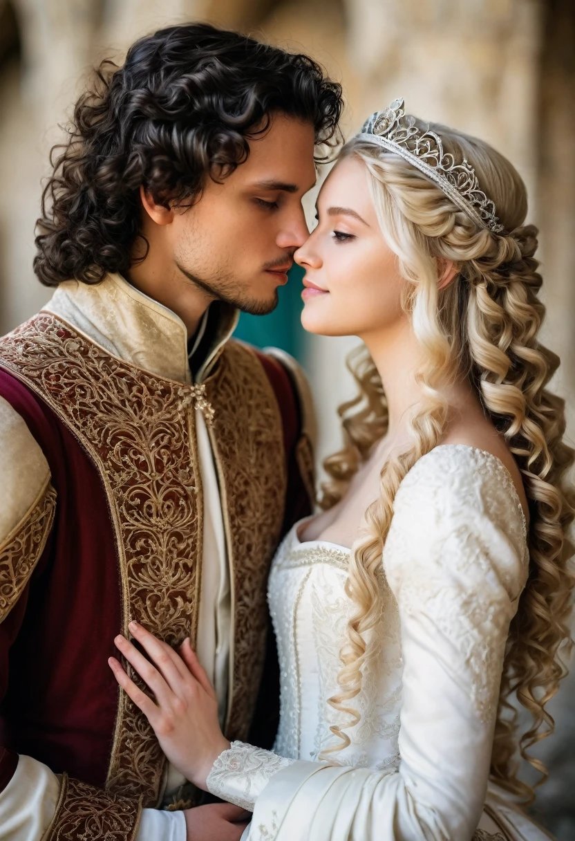 Have a medieval wedding of a couple a curly blonde princess with a dark haired prince with straight hair