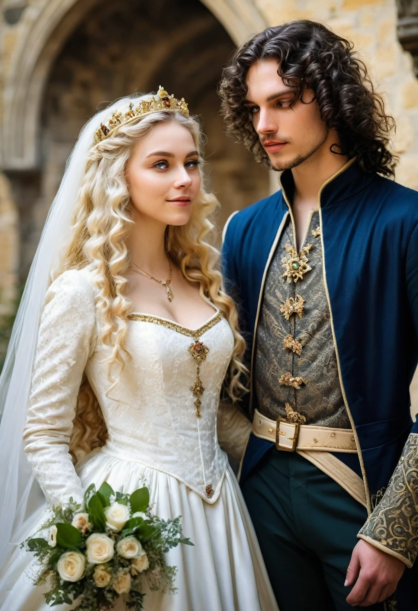 Have a medieval wedding of a couple a curly blonde princess with a dark haired prince with straight hair