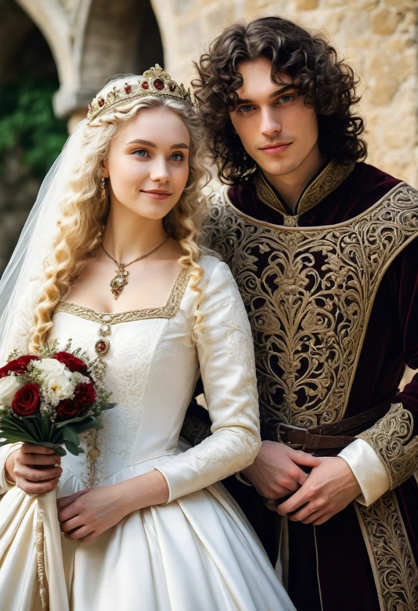 Have a medieval wedding of a couple a curly blonde princess with a dark haired prince with straight hair