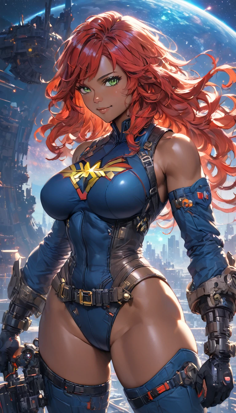 best quality,4k,8k,highres,masterpiece:1.2),ultra-detailed, extremely detailed eyes, extremely detailed body, (large masterpiece digital art), (detailed manga illustration), (detailed line art), ((perfect anatomy)), (intricate details:1.3), (ultra-detailed:1.3), (illustration:1.3), (sharp focus:1.3), (natural lighting:1.05), (vivid colors:1.3), (masterpiece), (best quality:1.4), (perfect anatomy:1.4), high quality, expressive eyes, full body, detailed face, beautiful face, perfect face, 1 girl, breasts, cleavage, gloves, large breasts, cyberpunk clothes, jacket, black jacket, very long hair, thigh length hair, ({dark skin}), dark-skinned female ,detailed ((red hair)), messy hair, green eyes, hourglass physique, bodysuit, ultramarine bodysuit, sleeveless, shorts, thick thighs, toned, captain marvel emblem, emblem, superhero, dynamic lighting, cinematic lighting, dynamic heroic pose, smiling, outer space background, curvy, Atey Ghailan, Jeremy Mann, Greg Manchess, Antonio Moro, trend in ArtStation, trend in CGSociety, Intricate, High Detail, Sharp focus, dramatic and photorealistic painting art by Midjourney and Greg Rutkowski, Jeff Bridges, ((cartoon style)), Marvel Cinematic Universe style