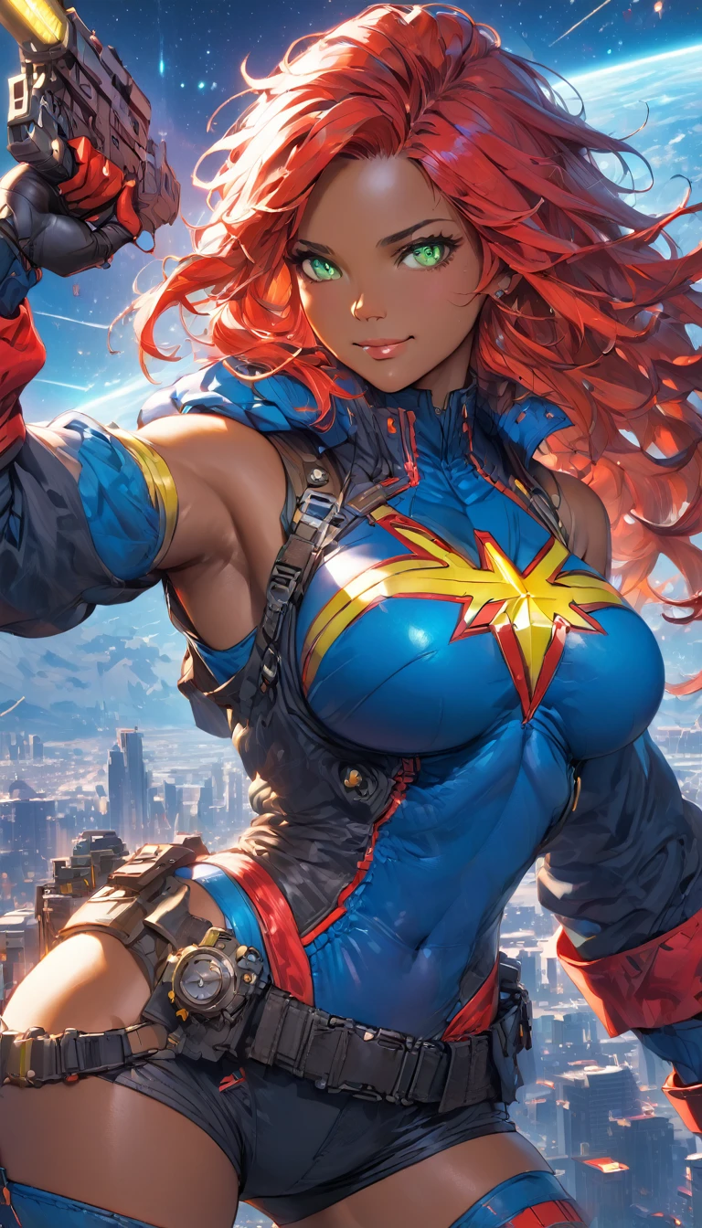 best quality,4k,8k,highres,masterpiece:1.2),ultra-detailed, extremely detailed eyes, extremely detailed body, (large masterpiece digital art), (detailed manga illustration), (detailed line art), ((perfect anatomy)), (intricate details:1.3), (ultra-detailed:1.3), (illustration:1.3), (sharp focus:1.3), (natural lighting:1.05), (vivid colors:1.3), (masterpiece), (best quality:1.4), (perfect anatomy:1.4), high quality, expressive eyes, full body, detailed face, beautiful face, perfect face, 1 girl, breasts, cleavage, gloves, large breasts, cyberpunk clothes, jacket, black jacket, very long hair, thigh length hair, ({dark skin}), dark-skinned female ,detailed ((red hair)), messy hair, green eyes, hourglass physique, bodysuit, ultramarine bodysuit, sleeveless, shorts, thick thighs, toned, captain marvel emblem, emblem, superhero, dynamic lighting, cinematic lighting, dynamic heroic pose, smiling, outer space background, curvy, Atey Ghailan, Jeremy Mann, Greg Manchess, Antonio Moro, trend in ArtStation, trend in CGSociety, Intricate, High Detail, Sharp focus, dramatic and photorealistic painting art by Midjourney and Greg Rutkowski, Jeff Bridges, ((cartoon style)), Marvel Cinematic Universe style