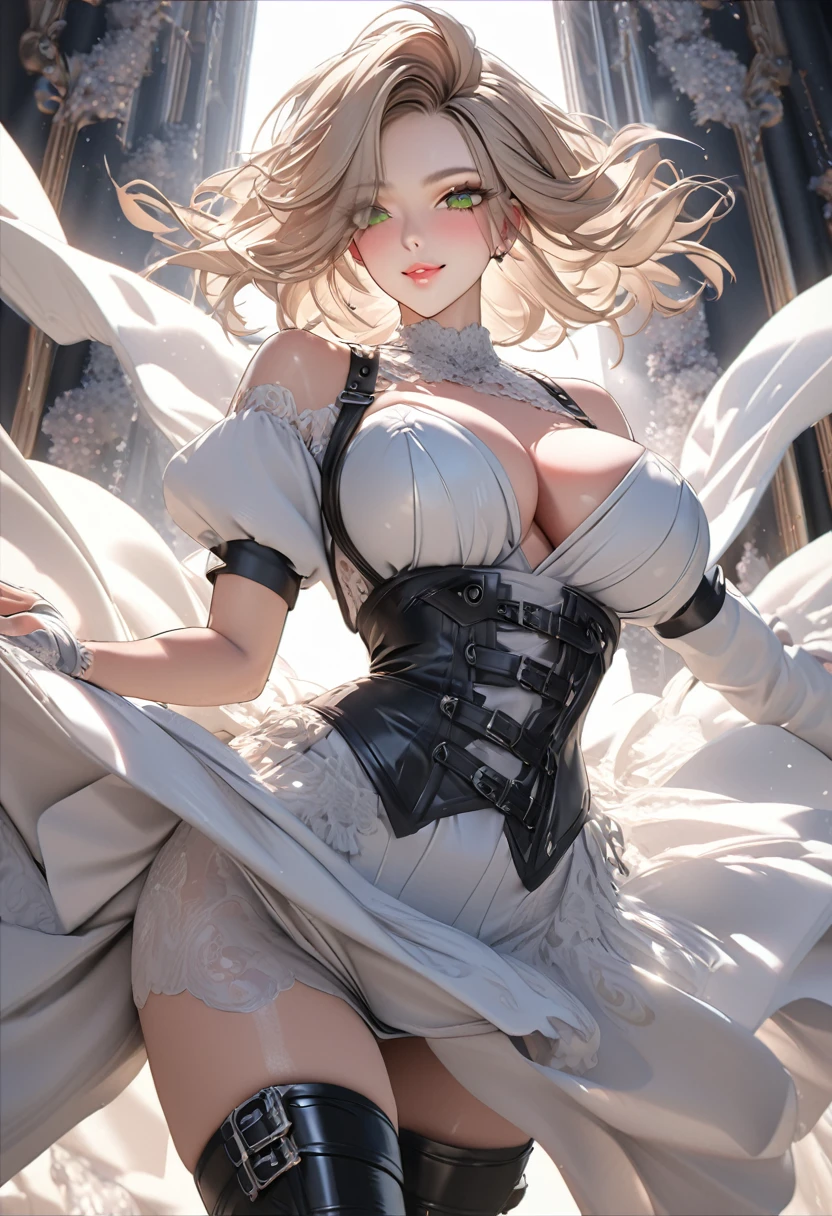 Masterpiece, Maximize highest quality:1.5, Maximum hyper beautiful and hyper realistic 3D digital illustrations:1.5, Hyper high power resolution, UHD, 16K, 1080p, Ultra hyper clear details, Smooth, soft and clearly and hyper realistic skin texture and hair texture:1.5, Hyper beautiful detailed eyes texture:1.5, Amazing dynamic movement:1.5, Beautiful backgrounds with depth of field, Hyper beautiful natural light, Rule of thirds, Maximize every effect and present it in the ultimate quality, 1woman, sexy, cool beauty, 25years old, beautiful face sharp, elegant mature woman, Ultimate perfect body style, beautiful big breasts, upturned breasts, beautiful green eyes, shiny blonde hair, short hair, Shag cut, (eyes visible through hair:1.3), glossy very thick lips, pink lipstick, smile:1.5, Wild maid outfit, dynamic pose, short leather skirt with lace trim, corset with metal studs, high boots with buckles, fingerless gloves, wild hairstyle, luxurious mansion parlor background,