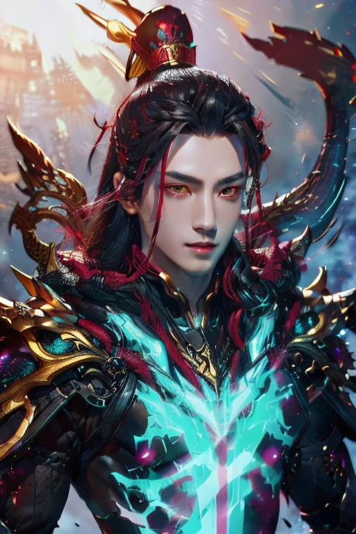 Handsome young xianxia protagonist  ,Full body image,handsome protagonist xianxia,long black hair,red Crimson eyes,evil smile,cold face,cold face detailed,,ultra hd ,man,guy,long silver hair, Crimson red and golden amber eyes combination ,and long black obsidian hair with white undertone,and the golden rune motiv  scratched on his forehead,use armour featuring like pattern on furr of taotie four perils chinese with purple ,red,and black  dominant color,pauldron protective shape like dragon head,breastplate featuring like dark Phoenix head,breastplate detailed  tao wu four perils((search for image 4 perils chinese)) head shape,shoulder protective dragon shape like head red and blue,sun and moon and nebulae circling at the background,nebula destruction detail,the tassel of the armour like river of galaxy,open Abs, combination of purple,red,and black dominant color,black dominant color, black dominant color armour,with majestic purple line ,held mystical sword, And overbearing demonic  wings at back,wings at back,terrifying aura around,24K ultra hd,face and eyes detail,lips and face detail,masterpiece ,better quality,ultra realistic face,good face proportion,eyes detailed,((perfect face)),perfect eyes 
