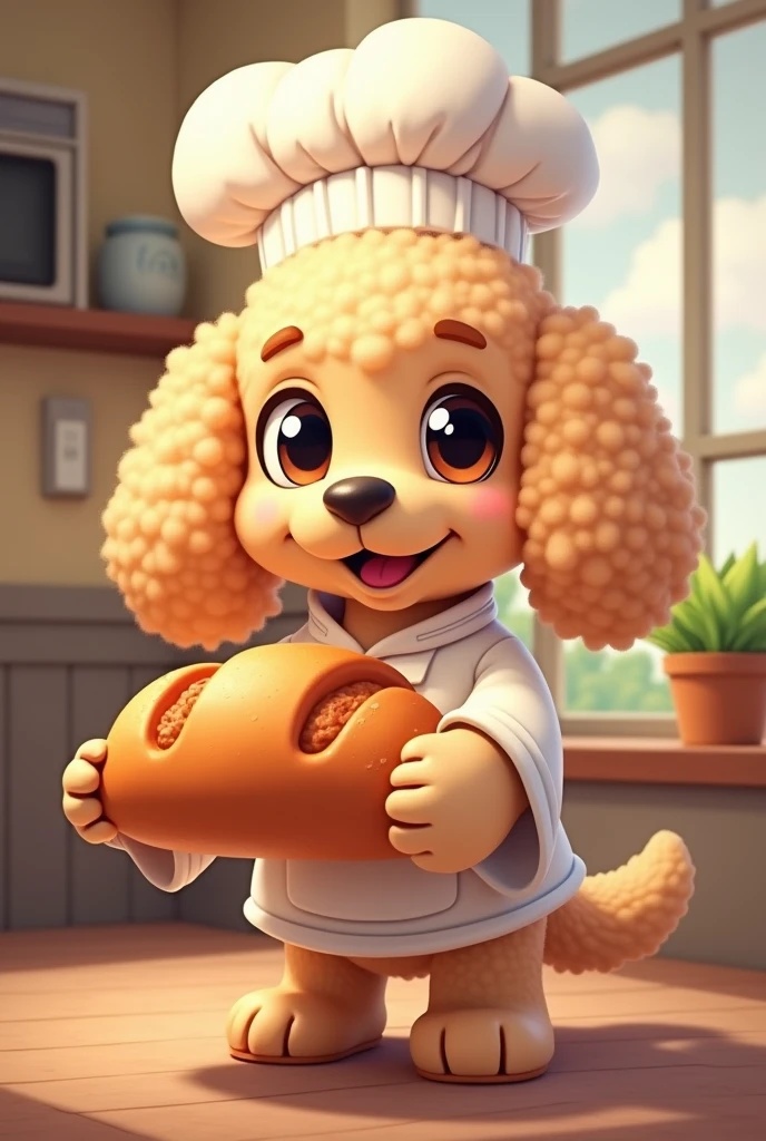 Beige and brown poodle breed puppy, black eyes,in chef&#39;s uniform offering a large loaf of bread, all in cartoon style 