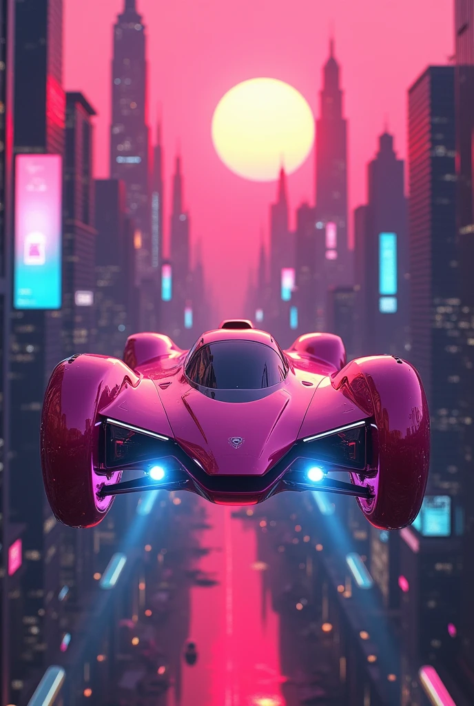 Futuristic car in a pink cyberpunk city, por do sol vaporwave 