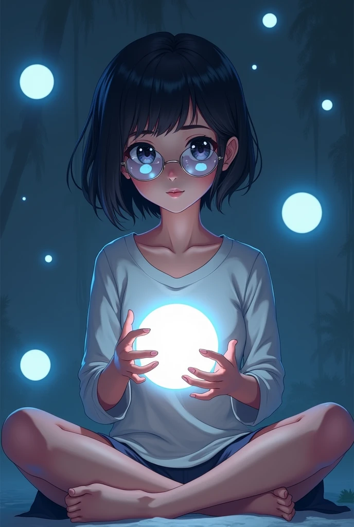 ((1girl)), anime, short dark hair, dark skin, shiny glasses lenses, mouth closed and expressionless, sitting, with her hands holding a glowing orb while two other glowing sph