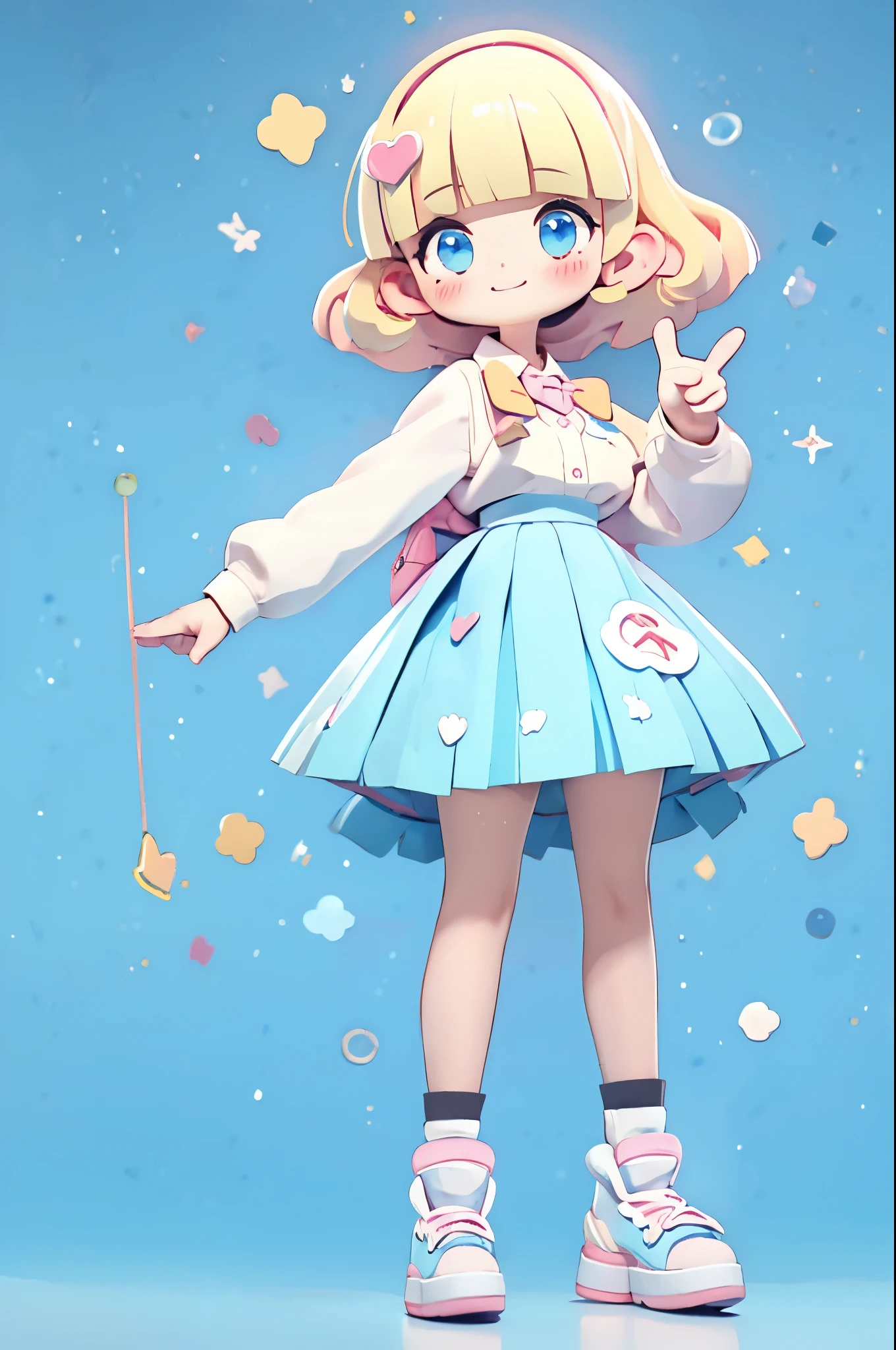 high resolution,smile,laugh,woman,woman1人,adult,Clear,cute,from front,
((chibi)),
((peace sign)),
Sparkling eyes,
blunt bangs,wavy hair,Blonde Hair,BREAK,
Light blue eyes,BREAK,
high school girl,uniform,White shirt,BREAK,Pink mini pleated skirt,BREAK,
White socks,White sneakers,BREAK,
Heart Hairpin,BREAK,
Facing forward,BREAK,Light blue background,
