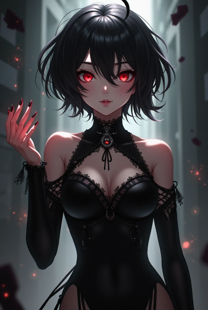 Female anime character short black hair red eyes black nails pale skin beautiful and with the power to manipulate shadows Heroine costume