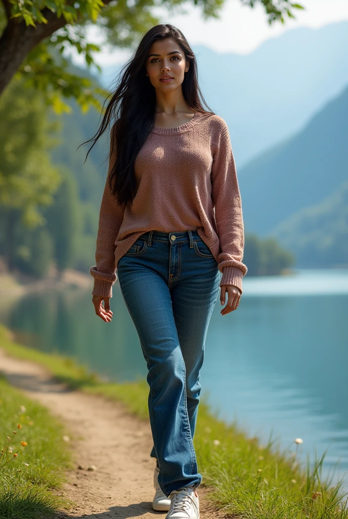 a short and curvy busty beautiful Indian woman with large breasts wearing a beautiful sweater and denims walks near dal lake in Kashmir