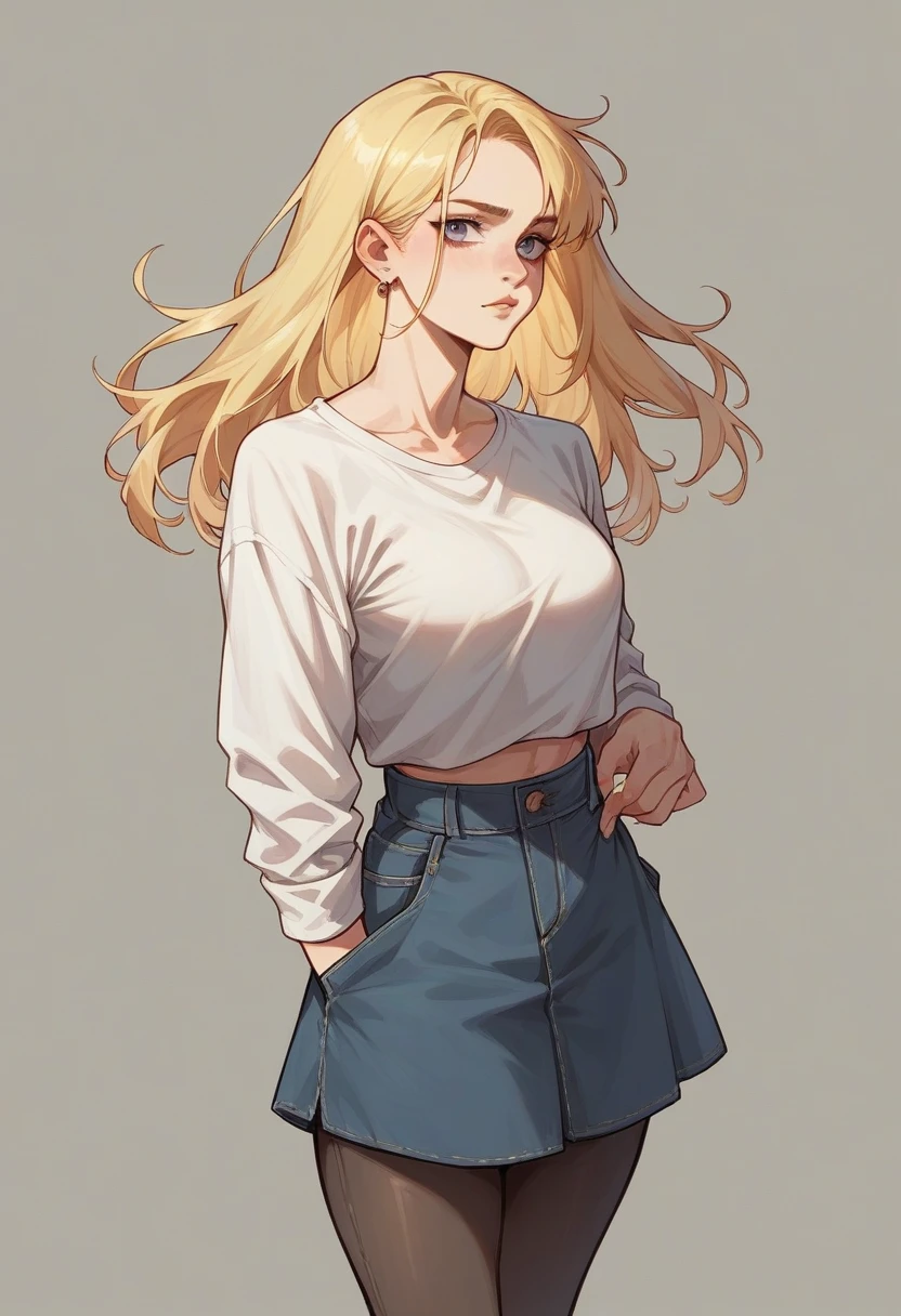 Blonde woman with long hair wearing short leather skirt and white cropped.