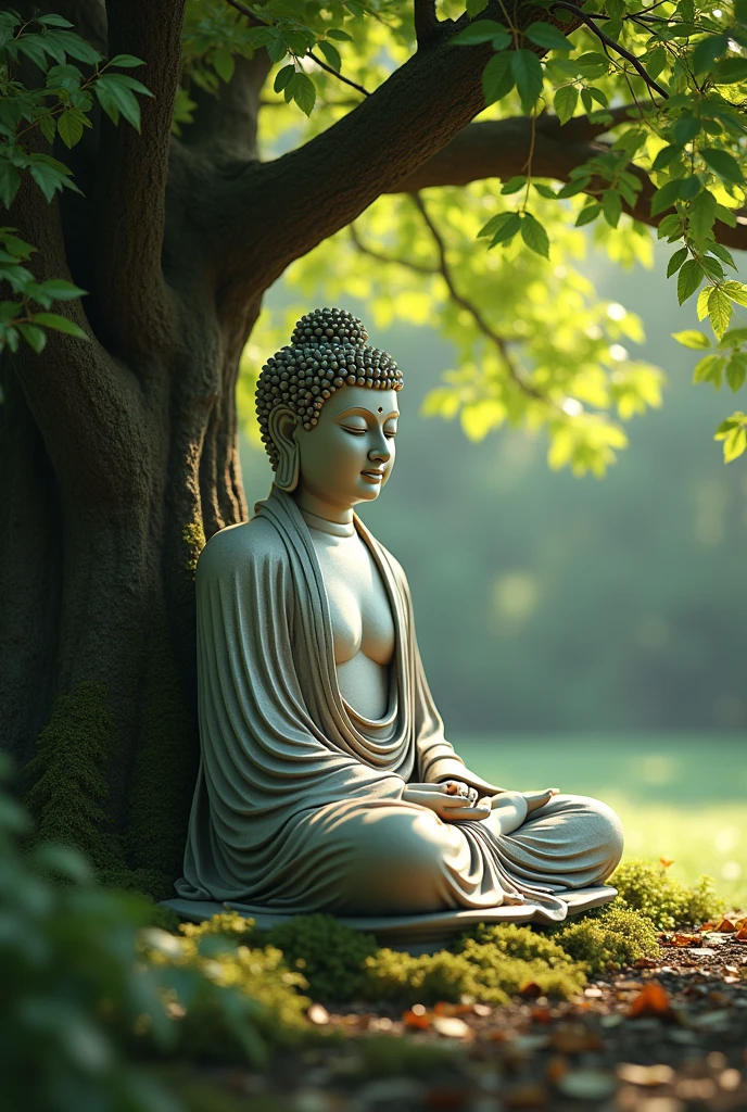 (photorealism:1.2) Buddha sitting under a tree, peaceful, serene looking very aesthetic 