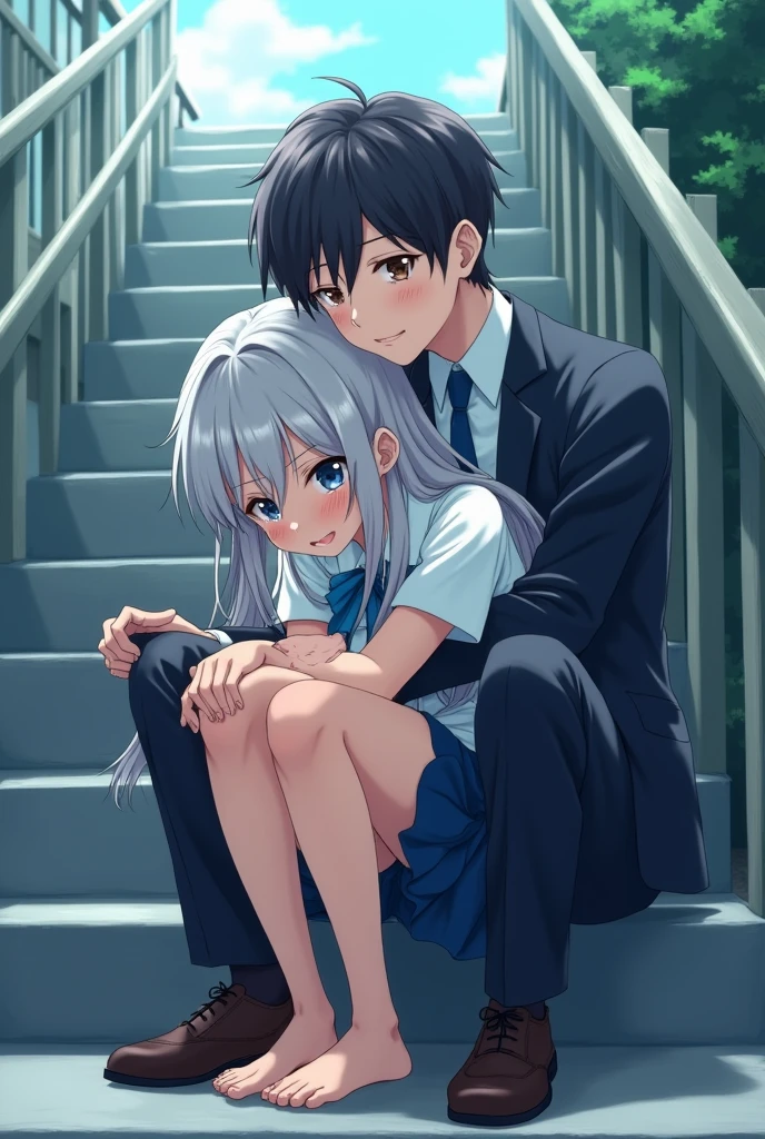 A 17 year old anime girl with long gray hair and blue eyes in a school uniform is sitting on the school stairs with her head on her knees and crying. A 2 boy is hugging her gently from behind. He has black hair, brown eyes, and is wearing a formal suit.