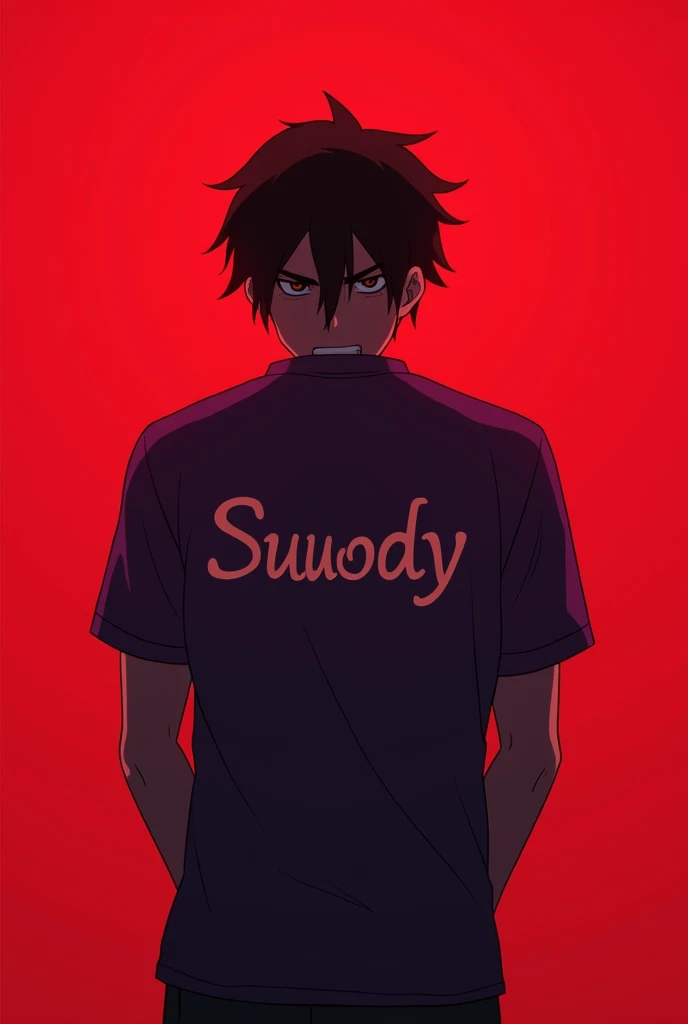 Man showing her back with angry smile with hidden face with red background and violet colour shirt with the logo of suuuody Anime