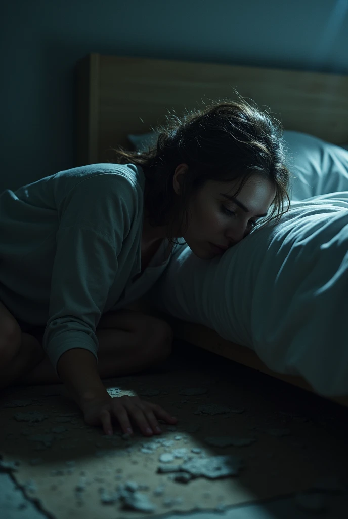 A woman looks under the bed