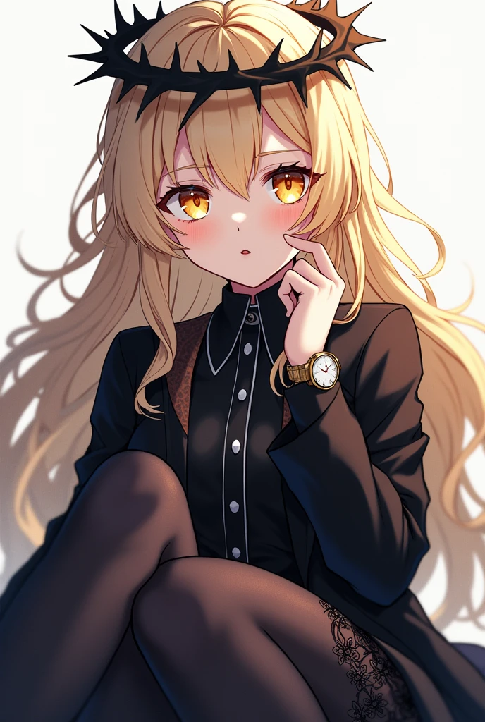Make an anime style image of a light blonde girl with long, slightly wavy hair who has a black crown of thorns on her head, His eyes are yellow, He has a shirt similar to one a prince would wear (black color and white details) On this one there is a wristwatch, Also, he should wear a black jacket that is integrated with his shirt., She will have black tights with floral lace and high black boots.