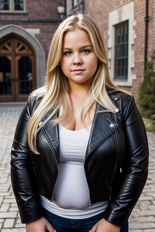 Medium view, of young aged, face portrait, Scandinavian features,long hair, very fat, chubby, blond hair, high quality, pretty, gorgeous, busty, curvy, fat, overweight, beautiful, tight black leather jacket, in cozy college courtyard,