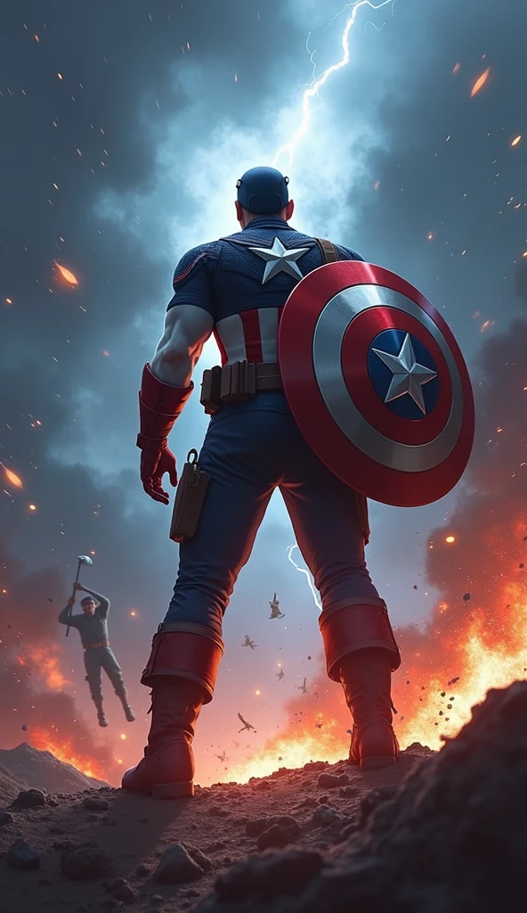 Illustrate a powerful and emotional scene where Captain America faces the heart-wrenching dilemma of changing the past. In the foreground, Captain America stands on a battlefield from World War II, reaching out toward a moment frozen in time—Bucky Barnes in mortal danger. His hand is outstretched, fingers trembling with hesitation, as he battles with the decision of whether or not to intervene. Bucky is depicted in a life-or-death situation, perhaps hanging from a cliff edge or caught in the blast of an explosion, his face showing a mixture of fear and determination. The scene around them is charged with tension: debris and dirt suspended in mid-air, flames from an explosion halted in their tracks, and soldiers frozen in the midst of combat. Captain America's face is a study in inner conflict, his brows furrowed, and his eyes filled with anguish as he weighs the consequences of altering the timeline. His iconic shield is slung across his back, slightly obscured, as if forgotten in this moment of deep contemplation. His stance is tense, with one foot planted forward, ready to move, but his body pulled back by the weight of the decision. The background is blurred, focusing all attention on the intense emotional struggle between Captain America and the image of Bucky. Subtle distortions in the air around Captain America suggest the pressure of time being held at bay, with faint echoes of past memories swirling faintly around him, hinting at the possible outcomes of his choice. The lighting is dramatic, with a harsh, golden glow highlighting the figures of Captain America and Bucky, while the surrounding environment remains in shadow, adding to the gravity of the moment. The overall atmosphere should convey a sense of urgency, sorrow, and the profound weight of the decision Captain America faces, as he stands on the precipice of altering history.