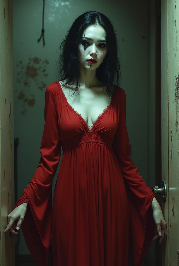 (​masterpiece, best quality)、(The ghost of a young beauty, scary Female Ghost, (black hair, super long hair, ultra long bangs:1.55, devil smile), (Japan Ghost Story, Amazing beauty, huge breasts, Excellent slim body style, Mind-boggling images, full body shot, red dress, dimmed lights, lantern, canny, horrified, standing in Japanese abandoned houses, (Darkness of the night:1.5),