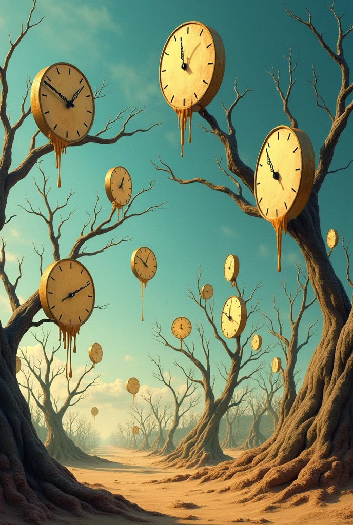 A surreal, Salvador Dali-inspired landscape with melting clocks draped over barren trees and floating in a vast, endless sky. The clocks represent the cyclical nature of time, with their distorted shapes symbolizing the fluidity of perception.