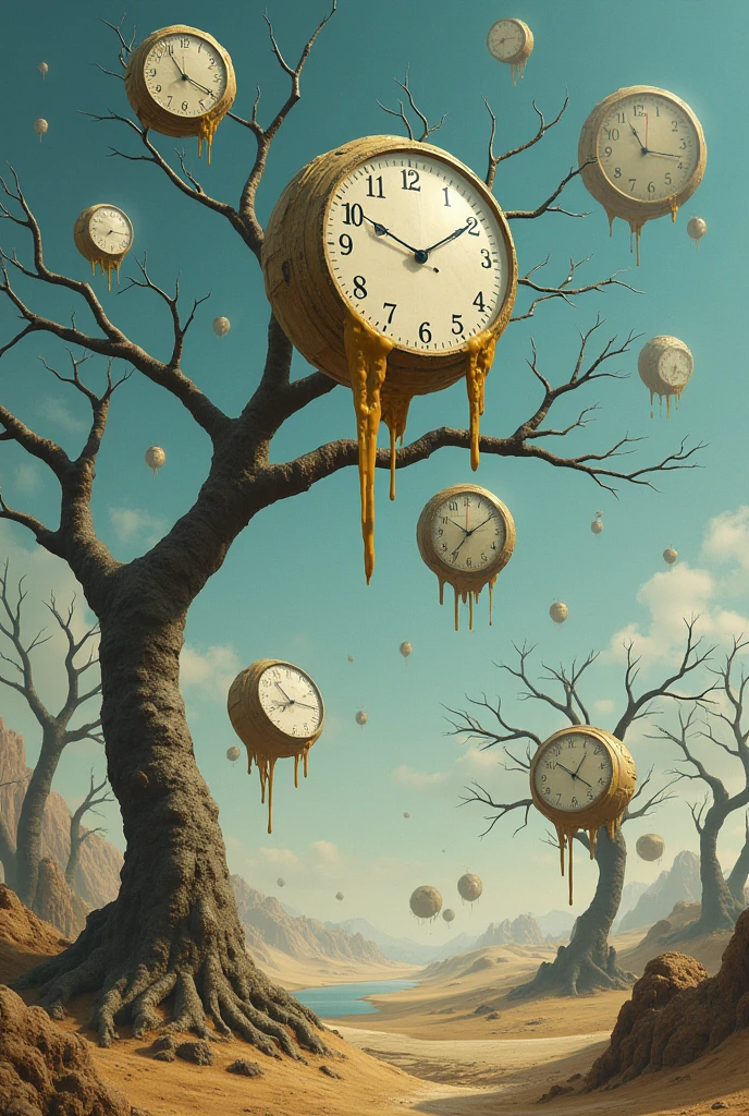 A surreal, Salvador Dali-inspired landscape with melting clocks draped over barren trees and floating in a vast, endless sky. The clocks represent the cyclical nature of time, with their distorted shapes symbolizing the fluidity of perception.