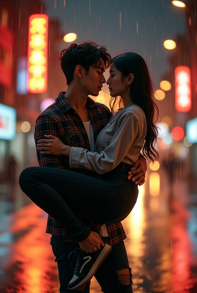 A striking and highly detailed image of a young Korean couple. The man carries the woman with both hands and the woman hugs the man romantically on the side of a busy night street. ( romantic lift hug ) full body photo. They see the viewer. The men wear flannel shirts, ripped black jeans with casual shoes, while the women wear stylish tunics and fitted black pants with no shoes. The city lights and traffic lights illuminated the surroundings, emitting a warm and inviting glow. Dramatic scene. Dramatic light. Rainy conditions. The couple's expressions convey deep connection and passion, as they share intimate moments in a dynamic urban setting. 