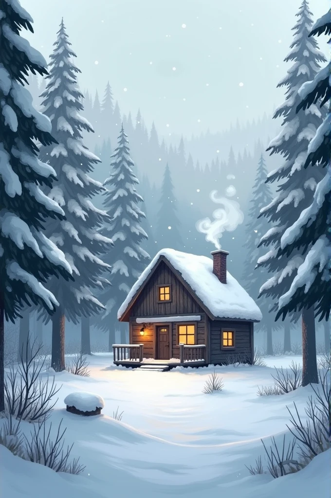 A snowy landscape with a cozy cabin in the woods, smoke rising from its chimney. Snow-covered trees surround the cabin, and the ground is blanketed in fresh, untouched snow. A gentle snowfall is occurring, with large, fluffy flakes falling from the overcast sky. The scene is quiet and serene, capturing the essence of winter