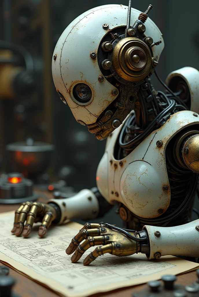 Robot engineer with steampunk helmet reading electrical plans