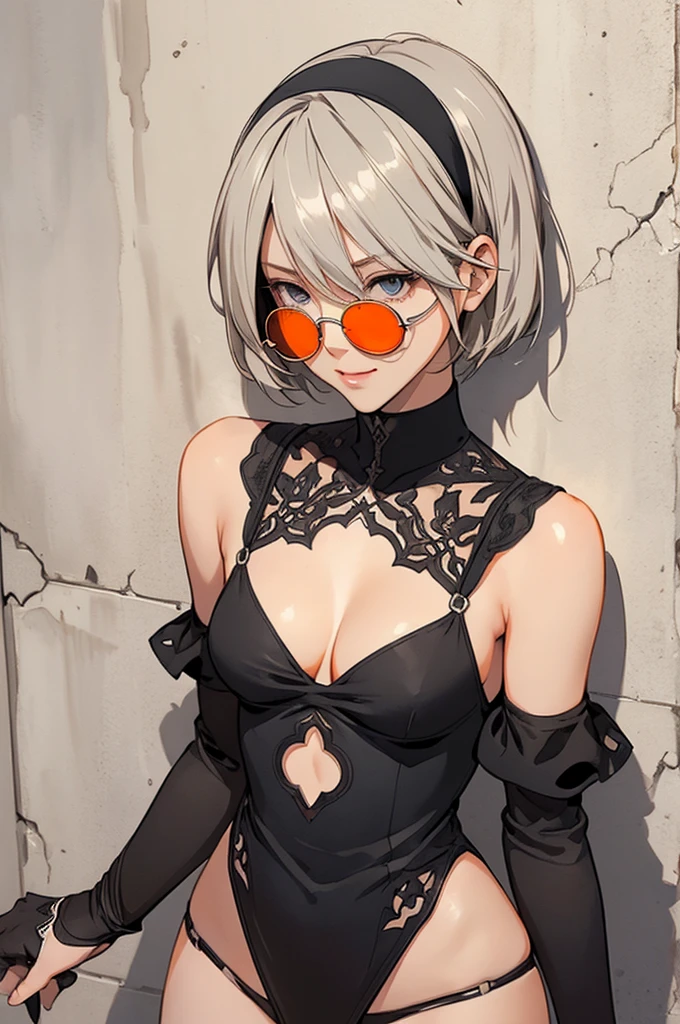 {(masterpiece,best quality, 16K illustration, UHD, extremely detailed the work, detailed beautiful face and eyes and skin and hair)}
BREAK {erotic face,looking away,enchanting smile,cowboy-shot}
BREAK {solo, (2B of Nier-Automa:1.4)), (perfect female body,small breasts),(lightbrown_lightwhite colored hair:1.4, short cut hair), (medium mouth:1.2),(narrow and sharp eyes:1.4,blue-glay eyes,sparkling eyes:1.1)
BREAK {(Nier-Automata-2B costume:1.2),(cleavage between breasts:1.2),(black hairband:1.4)}
BREAK {(small-diameter round orange-lens-sunglasses:1.4),(hand on sunglasses:1.4)}
BREAK {(Part of the stucco wall is brick:1.2),(cast a shadow on the wall:1.2),bullet holes in the wall}
BREAK,{(anime illustration style:1),(watercolor image:1.2),(sketch drawing),overall dark color}