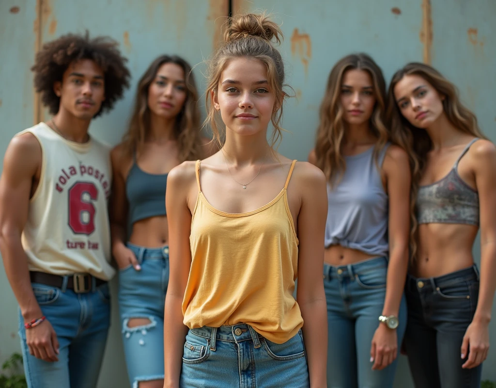 Photo of a girl in skater fashion and her male and female friends. Everyone is wearing a tank top