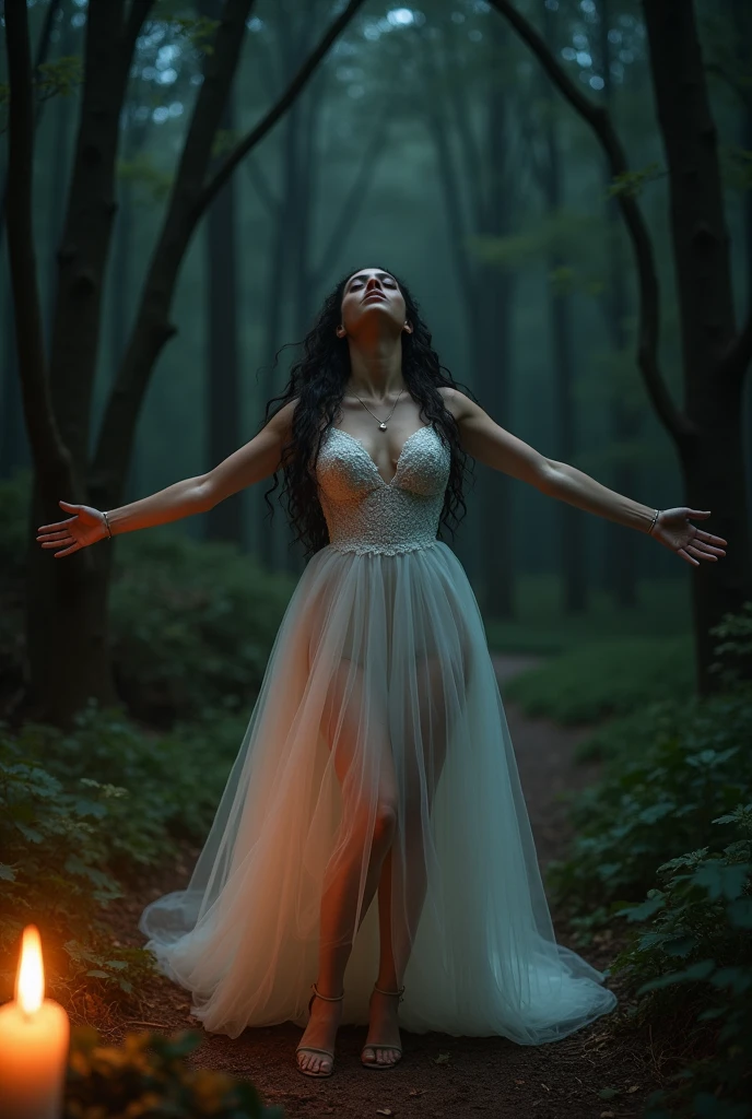 full body, night, low-key, dark forest, ((midnight)), beautiful 30 year old woman, long black hair in tight ringlets, dark amber eyes, wearing a white wedding dress, hourglass figure, standingspreadeagle, eyes closed, orgasmic pleasure showing on her face, high quality, 16k resolution, extremely detailed, ((accurate anatomy)). perfect proportions, candlelight, night, dark, Perfect Hands, highly detailed, 4k, HDR, anatomically accurate, full frame, full frontal,