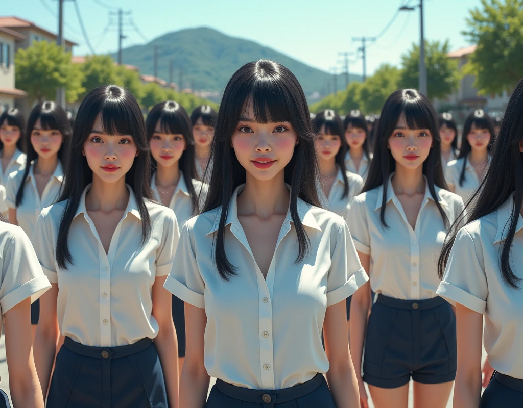 (((((Japanese Clone-girls=Myself))))), (((Super Best masterpiece Clone-girls Raw Photography Art))), (((16K, Highest quality, Ultra-high resolution, RAW Photos))), (((It's so unrealistic., With unparalleled depiction, With an unfathomable sight, An unprecedented and shocking worldview, Clone-girls: In a world of mass reproduction, Ultra-realistic))), (((Japanese Girls, Saito-Asuka, 26yo, Small face, Thick black hair, Semi-long hair, Dark Eyes, Mature face, Cute Smile, Smiling face, A gentle gaze, (((Very happy laughter)))))), (((Very beautiful detailed girls, Accurate body structure, Accurate body movements, Very detailed body, (((Super big breasts, Large bulge of ample breasts)))))), (((Summer office casual wear, White short-sleeved shirt, I can see the cleavage, Emphasise the fullness of your breasts, Dark blue mini skirt))), ((((((((Very detailed, Myself cloning, Depiction of splitting oneself, 1Myself girl→1,000,000,000,000,000,000,000,000,000,000Myself cloning girls)))))))), (((((((Myself clone-girlsから, Myself keeps multiplying, (Very detailed and intricate, To the exact, Flawless, (((In the same female body,With the same face, With the same hairstyle, In the same clothes, At the same height, 同じSuper big breastsである))), In a detailed depiction), 1,000,000,000,000,000,000,000,000,000,000 people))))))), (((((Myself girls only))))), (((((1,000,000,000,000,000,000,000,000,000,000Myself girls))))), (((Very detailed, Extremely crowded, Body-to-body contact with no gaps))), (Bright and soft lighting), (((((Clear and accurate perspective depiction, super wide view, Ultra-wide field of view, Focus on the average value of the image))))), (((((Very detailed depiction, Multiple or more Myselves, Physical contact, Pleasant conversation, Holding hands, Hug, walk))))), In a place where you can see a big hill in the suburbs, Myself clone-girls' clone proliferation continues々And so it continues, filling the horizon