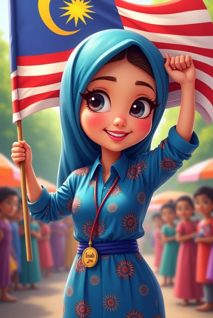 A cartoon hijab mother wearing a blue kebaya with name tag Inah holding Malaysia flag