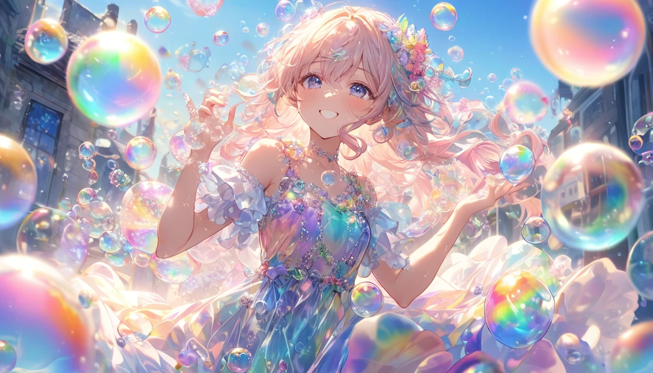 **334. One person。Personification of soap bubbles。The embodiment of soap bubbles, a symbol of transience and beauty。Cowboy shot or close-up。  
masterpiece, best quality, ultra detailed (Detailed fingers), (Emotional), (Breathtakingly beautiful),  
(main part: 1.2 Whole body。), (Anime Style), (Very detailed), (Soap bubble personification),  
(超High resolution, High resolution), (8k), (High resolution: 1.2), (Complex and beautiful: 1.2)**
- background: Under the blue sky、A scene of countless soap bubbles blowing in the wind。
- Personification: Young woman, around 1、Wearing a transparent, iridescent dress。
-pose: A photo of the moment soap bubbles are released from the hands。
-expression: A fleeting and gentle smile、Dancing freely on the wind。
- Effects: Soap bubbles bursting in the air、The effect of light scattering at that moment。
-color: Pastel rainbow and crystal clear、A color that symbolizes the delicacy and beauty of soap bubbles。
