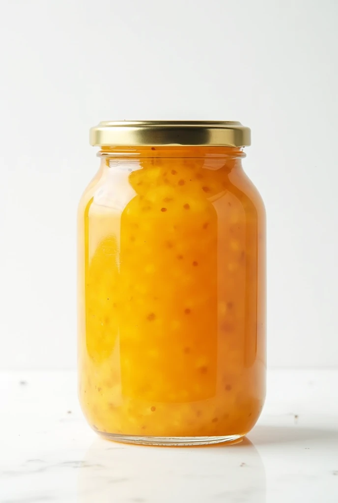 Create a 500g glass jar containing passion fruit jam, with a white background as if I were in a photography studio for a product photo shoot, no label